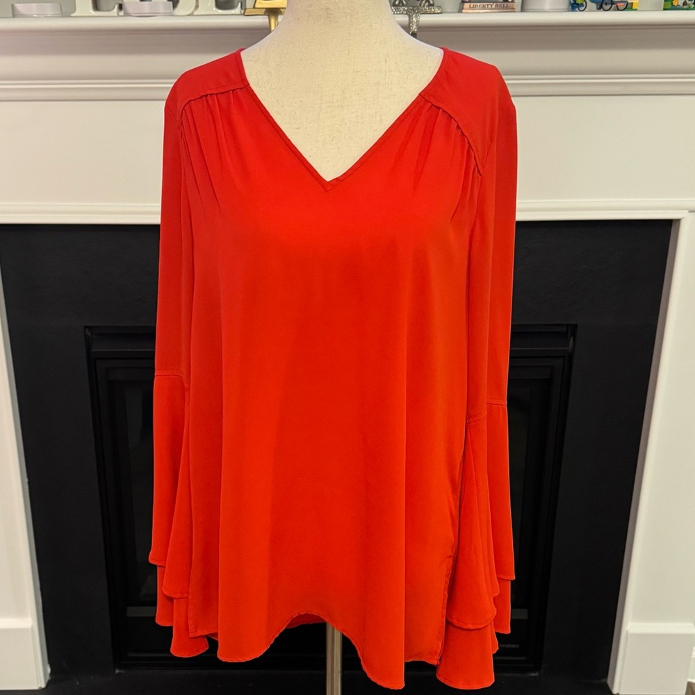 🍊 Crosby by Mollie Burch Ruffle Sleeve Blouse in Flame Red — Size Large